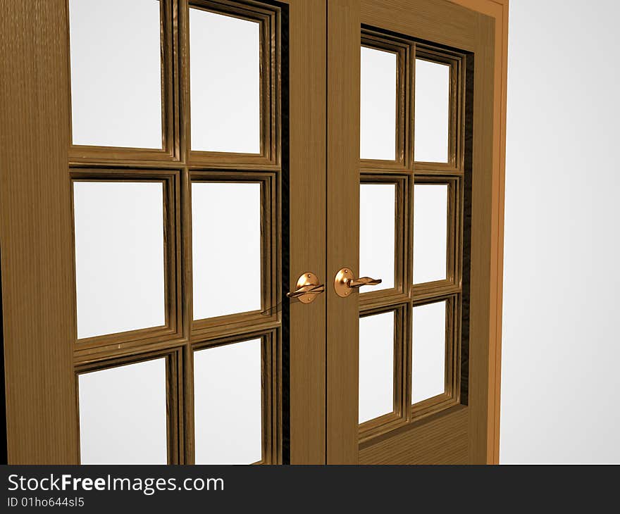 Wooden door with the gilt handle on a white background