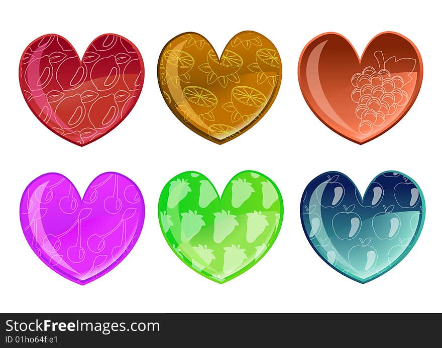 Hearts with fruit patterns