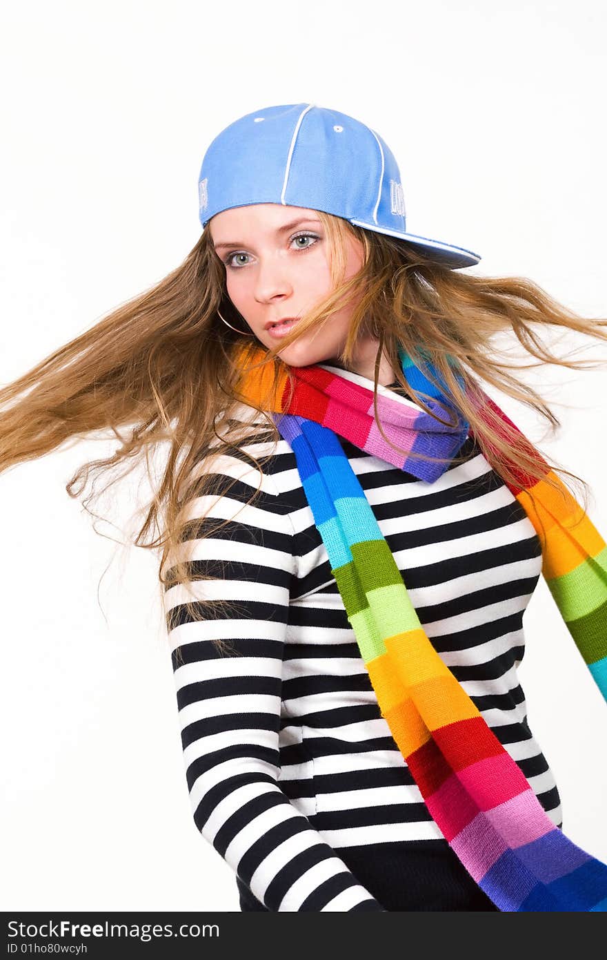 Fashionable young model with long flying hair