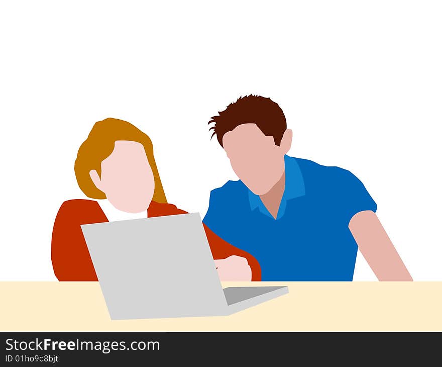 Vectored illustration of two students studying together in front of a laptop. Vectored illustration of two students studying together in front of a laptop