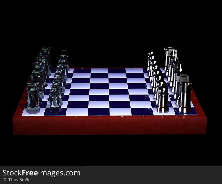 Chessboard with glass and iron figures on a black background