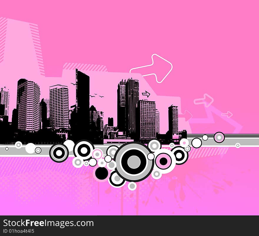 Illustration with city. Vector art