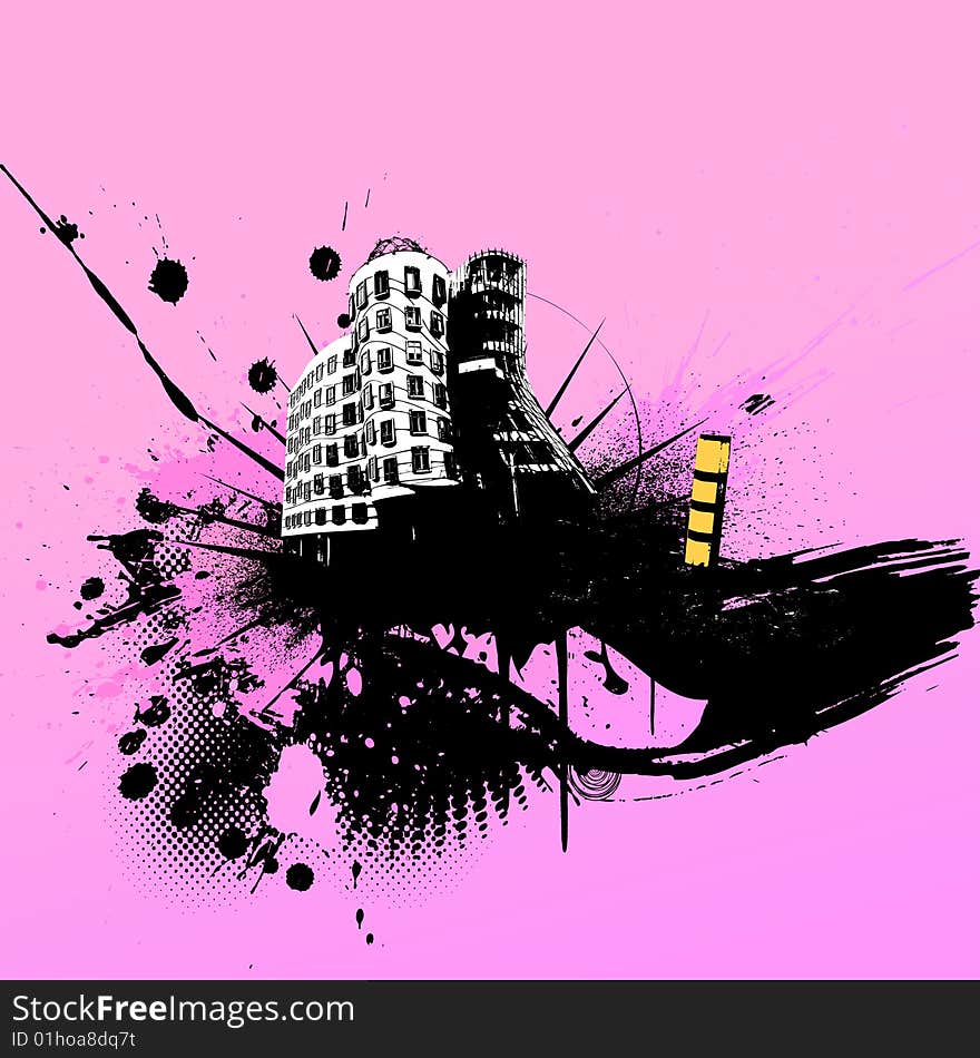 Illustration with city. Vector art