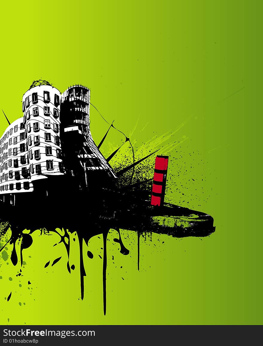 Illustration with city. Vector art