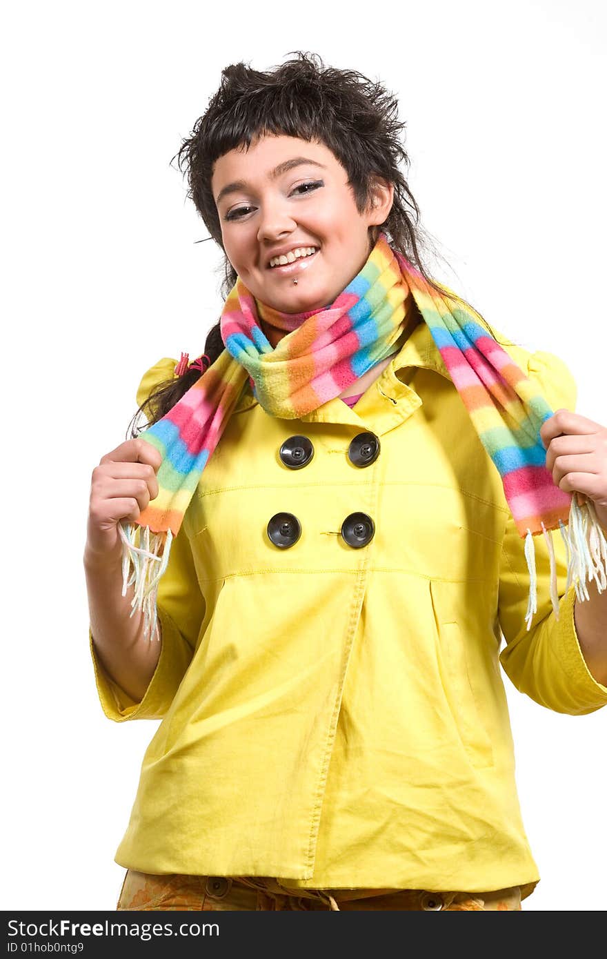 Teen girl  dressed trendy clothes and scarf over white. Teen girl  dressed trendy clothes and scarf over white