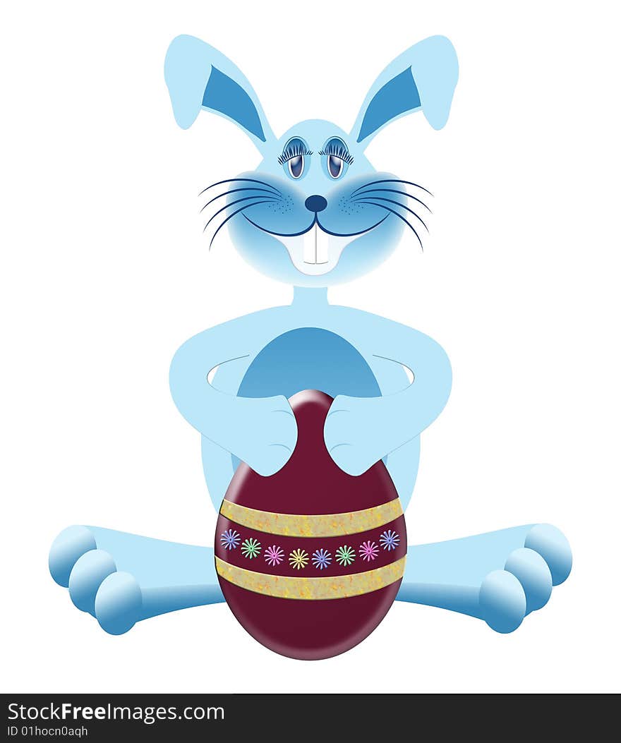 Blue bunny with easter egg. Isolated on white background