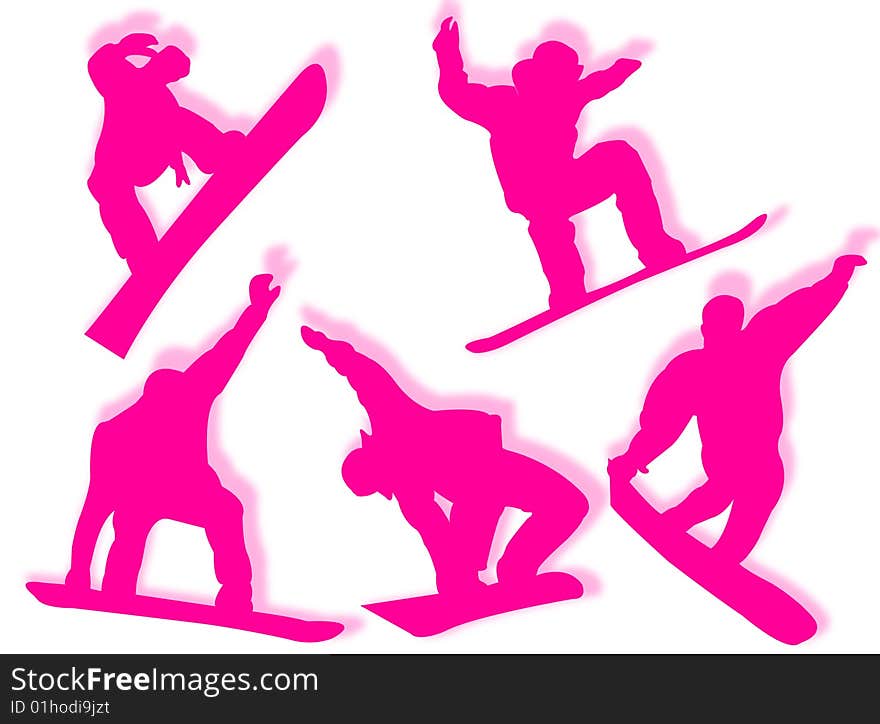 Snowboarders silhouette in different poses and attitudes. Snowboarders silhouette in different poses and attitudes