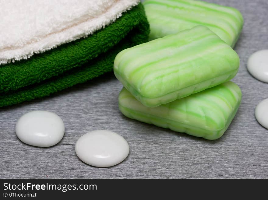 Spa essentials, soap and towels