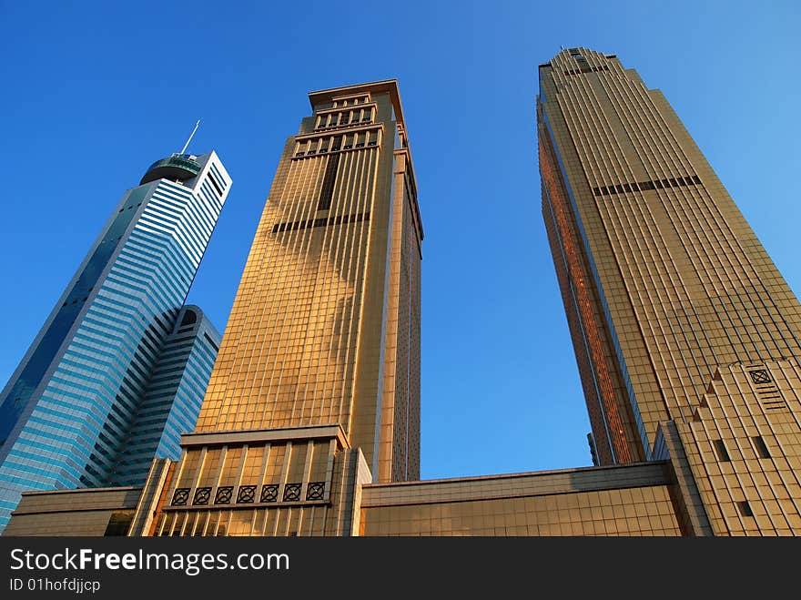 Modern Office Building Group Towering to Blue Sky. Modern Office Building Group Towering to Blue Sky