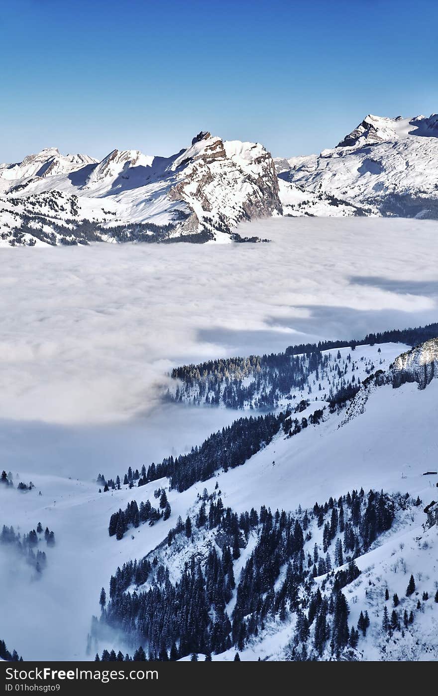 Flying above the alps where the mountain peaks are like islands in a sea of clouds