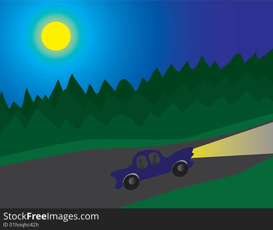 A night tour of the forest road. Vector illustration