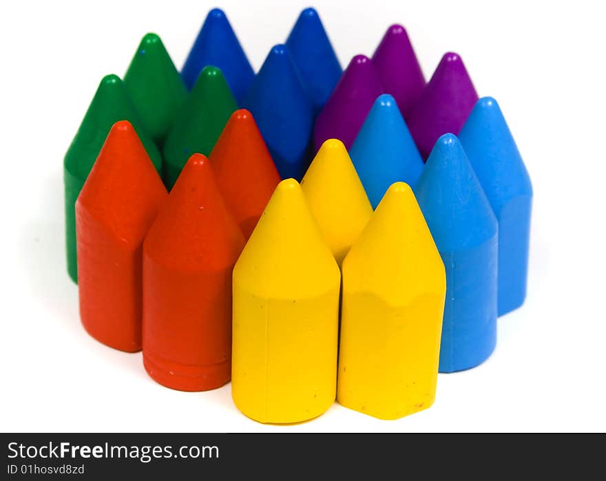 Several groups wax crayons in vertical position. Several groups wax crayons in vertical position