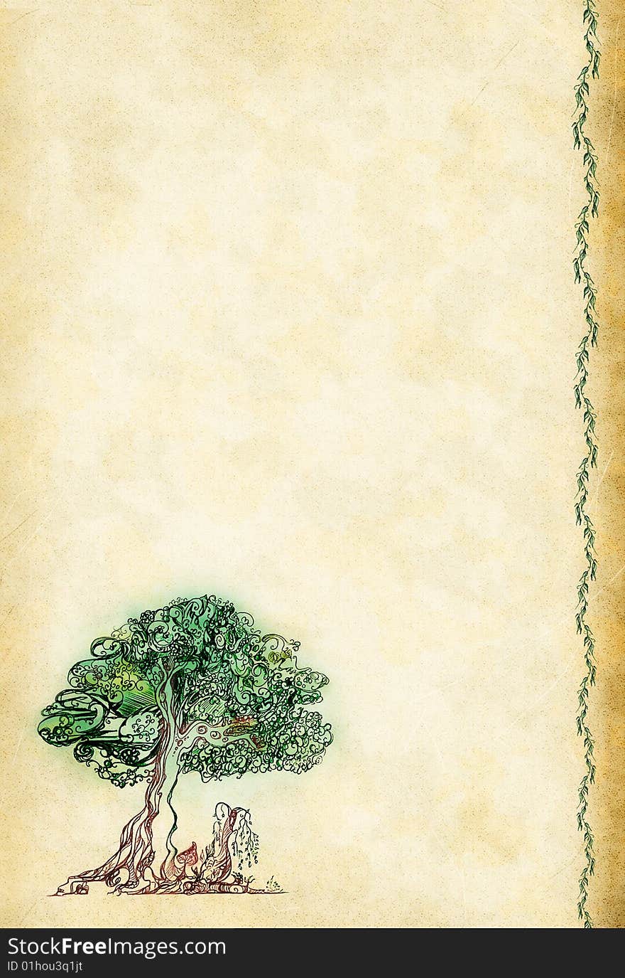 Old sheet with a picture as a tree and pattern as leaves on an edge, very elegantly drawn