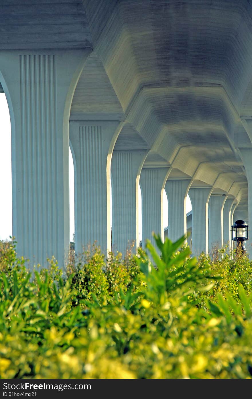 Shot from underneath large bridge going into Stuart Florida. Shot from underneath large bridge going into Stuart Florida