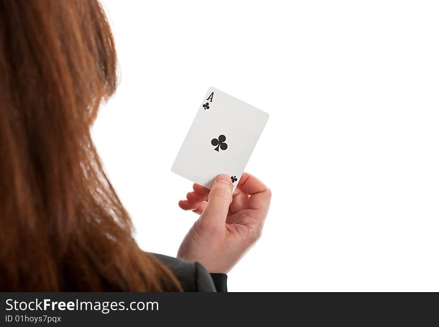 Woman holding an ace of clubs on a white background