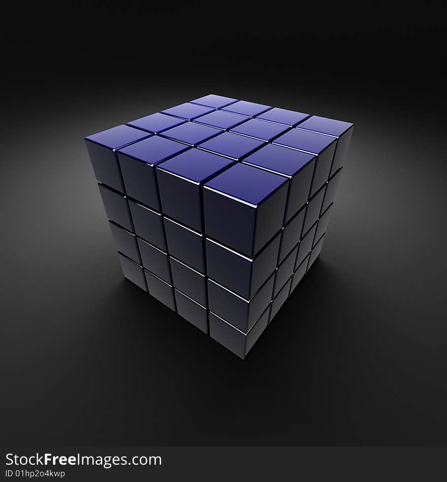 Dark blue cube, sectional, reflectional, isolated on black. Dark blue cube, sectional, reflectional, isolated on black