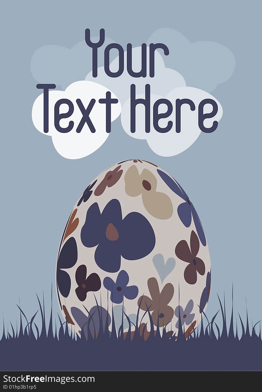 Floral Egg in the grass on a blue background with clouds and space for text. Floral Egg in the grass on a blue background with clouds and space for text