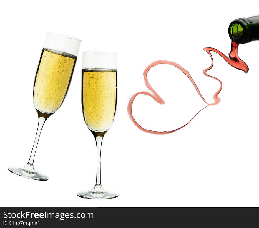 Pair of champagne glasses isolated on white background