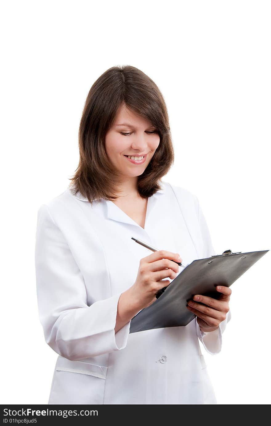 Young cute doctor isolated over white background