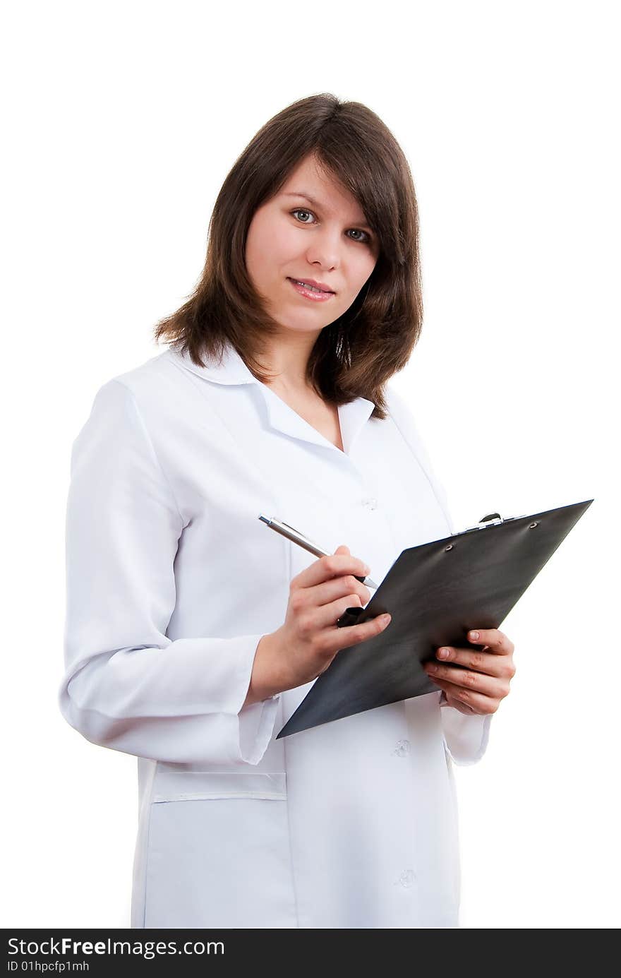 Young cute doctor isolated over white background