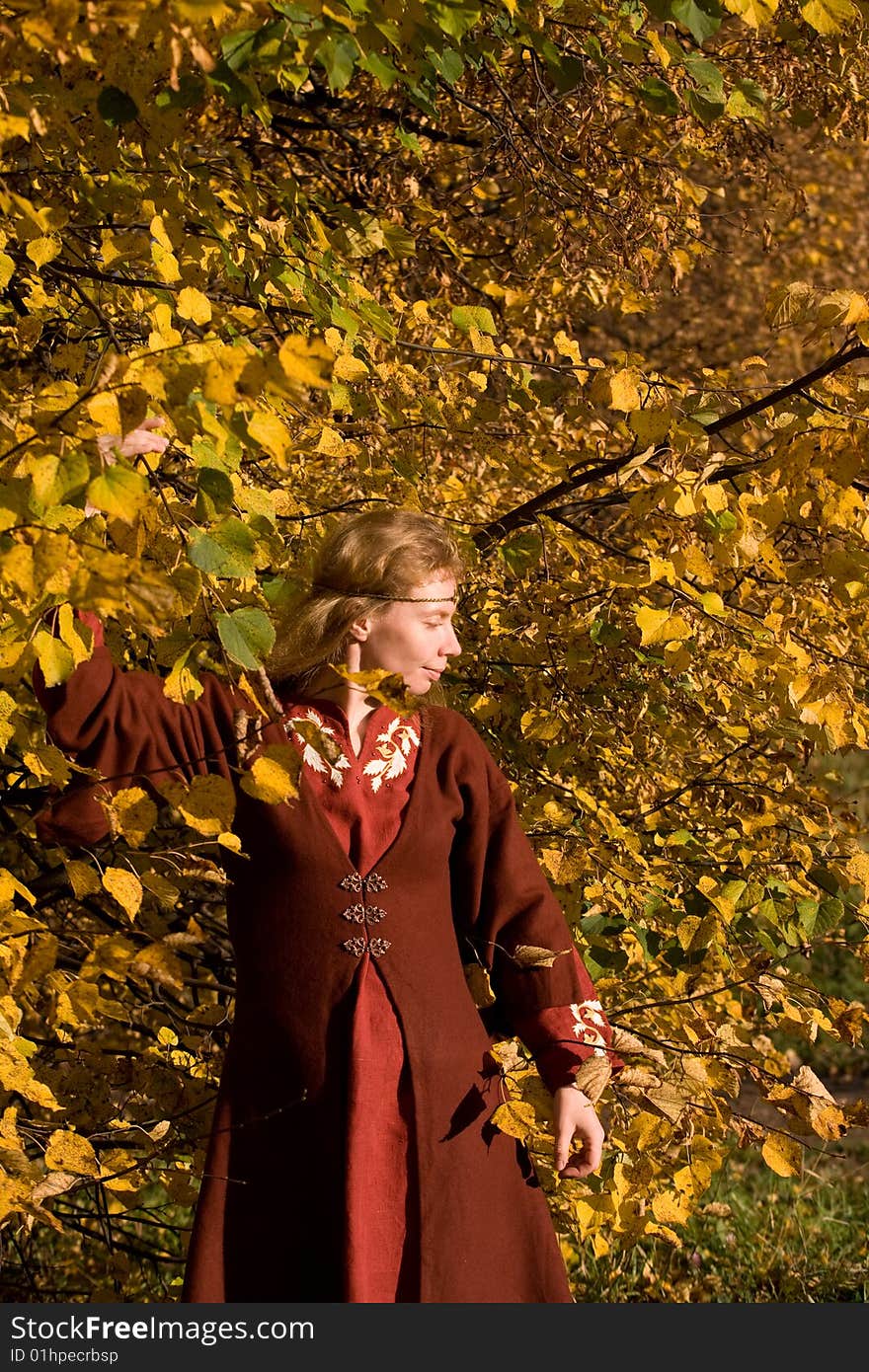 The blonde girl in medieval red dress in the autumn forest. The blonde girl in medieval red dress in the autumn forest