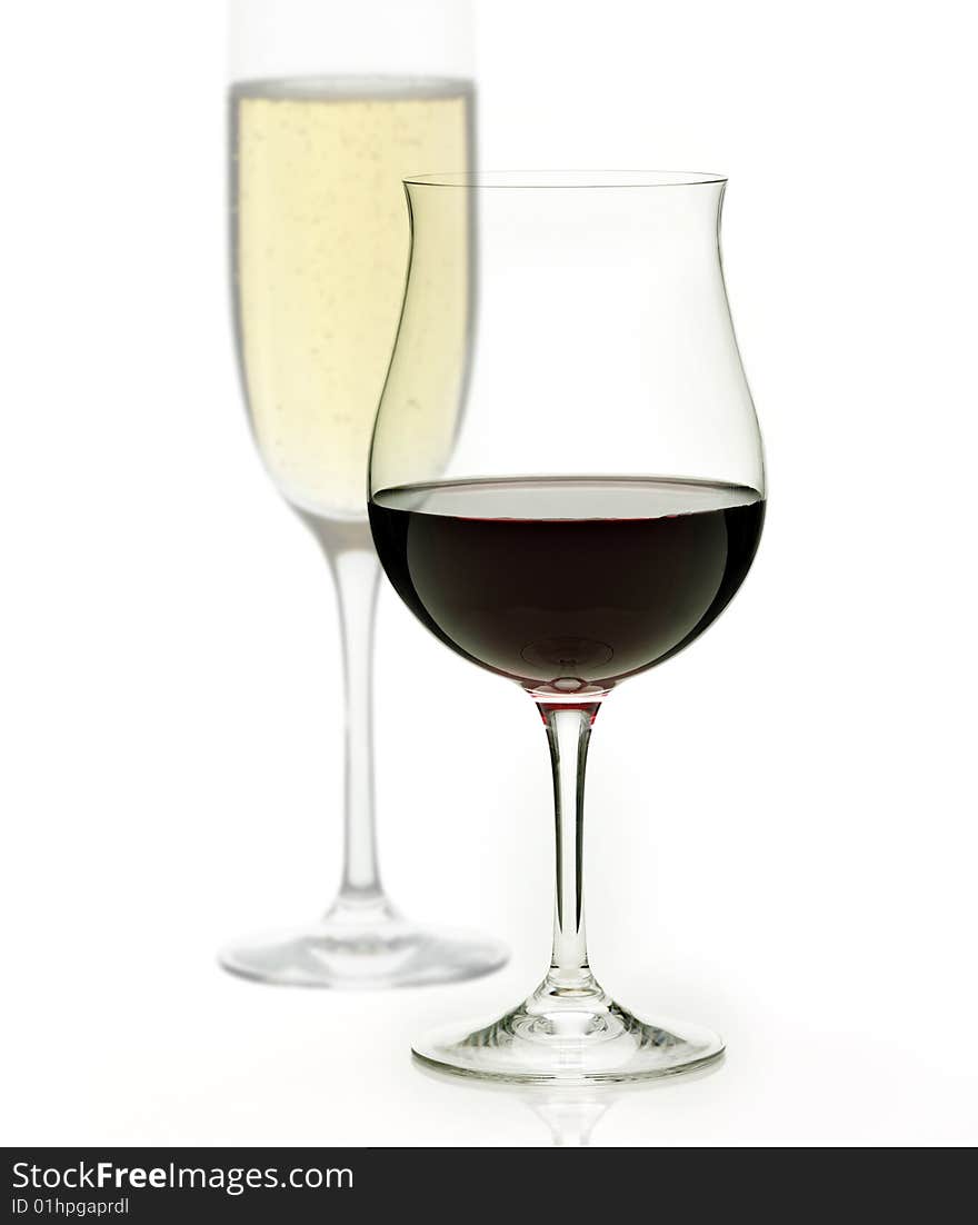 Red and white wine on a white background