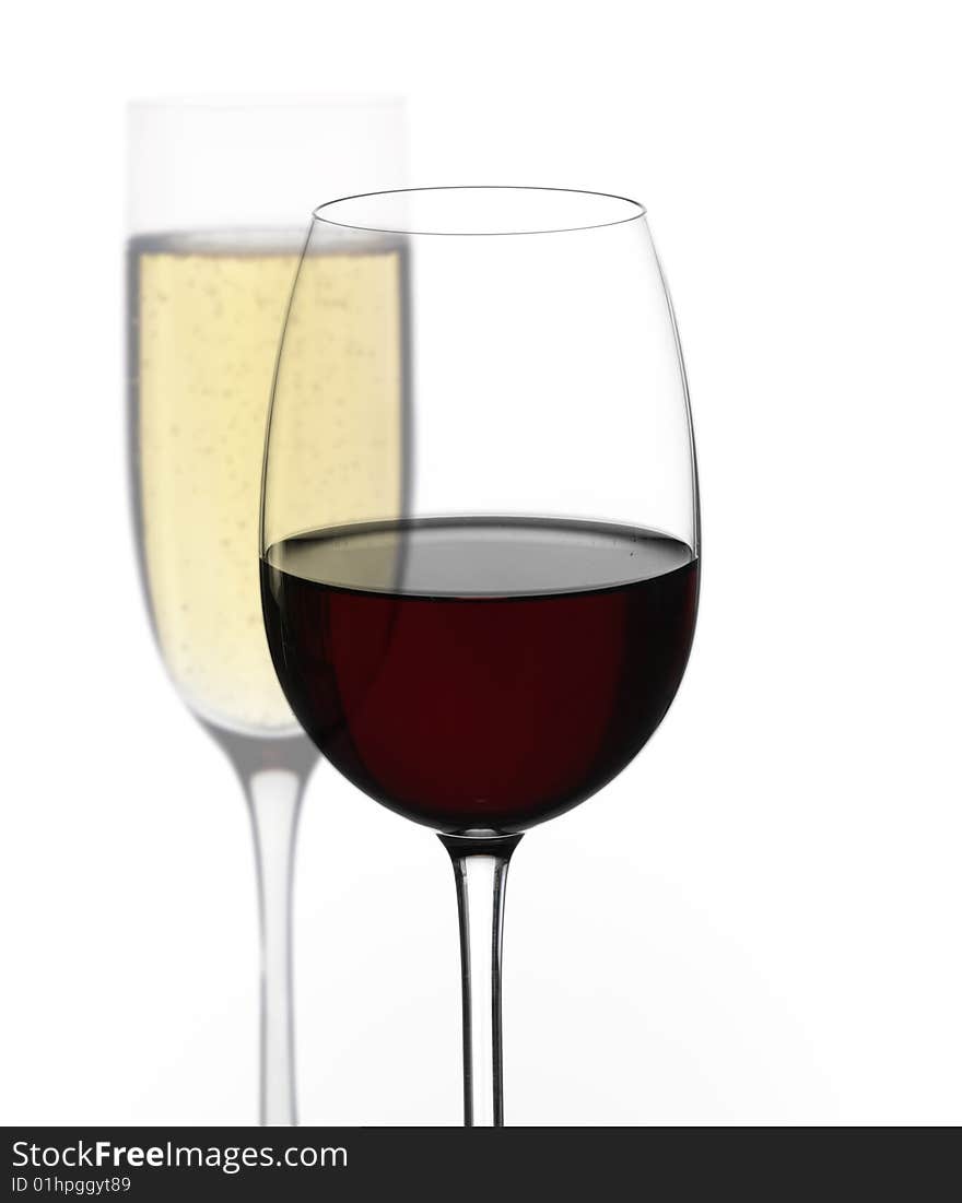 Red and white wine on a white background