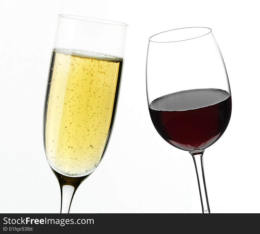 Red and white wine on a white background