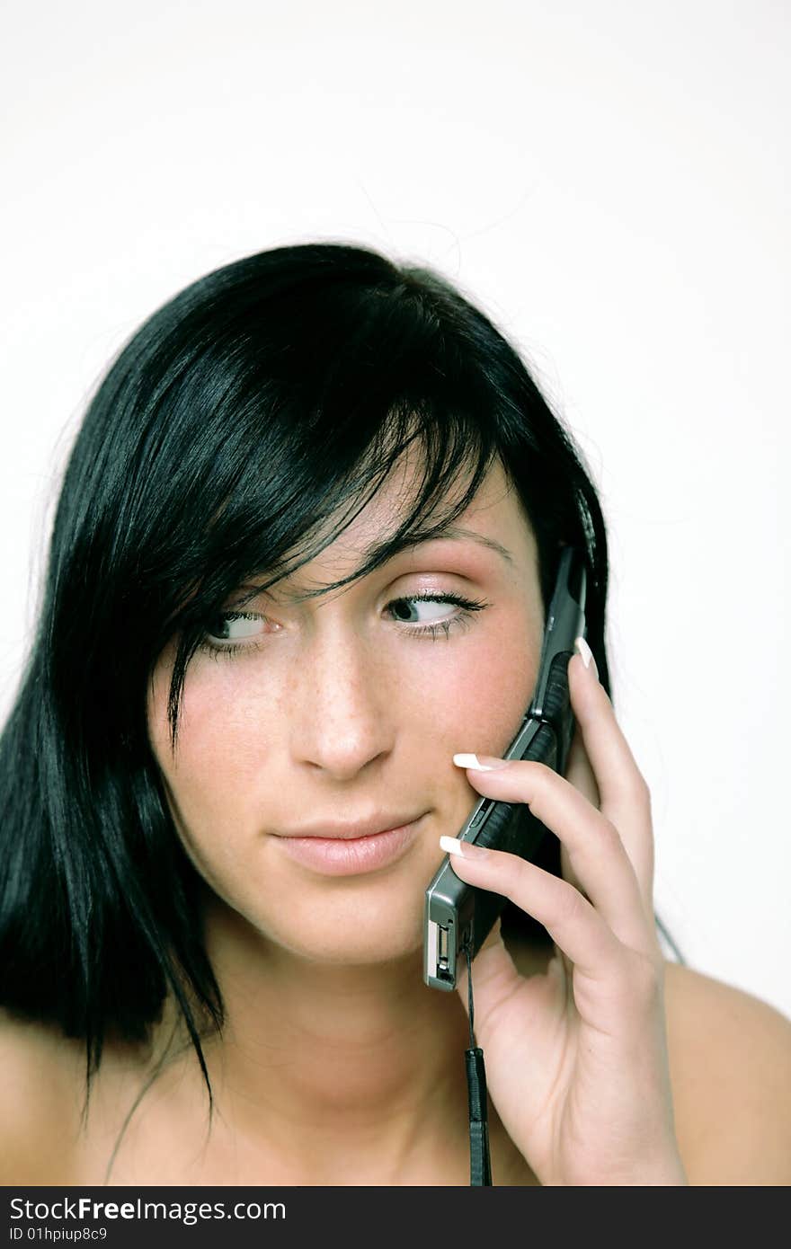 Black hair woman phoning . copyspace above. Black hair woman phoning . copyspace above