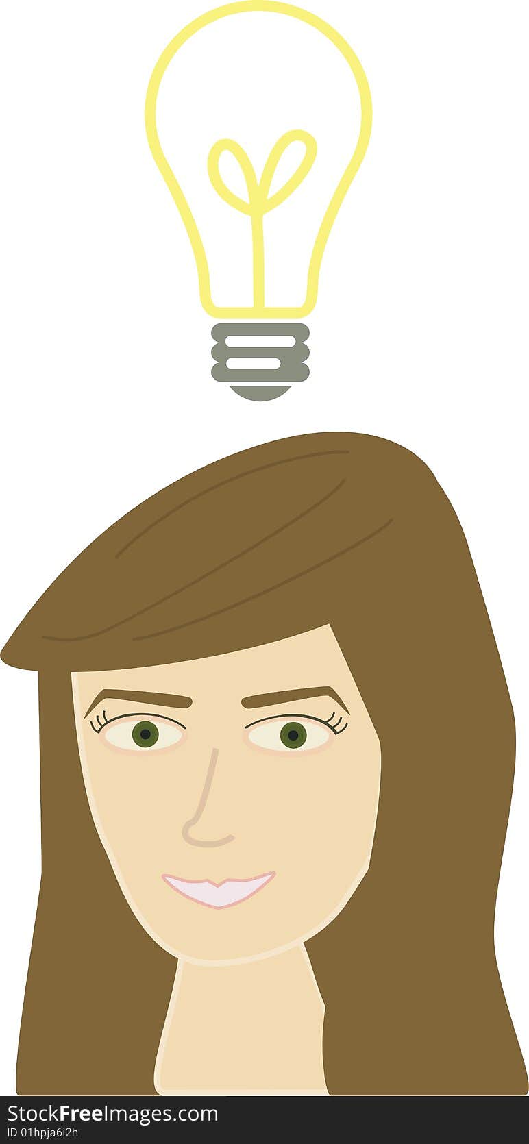 A woman with a bright idea on a white background.