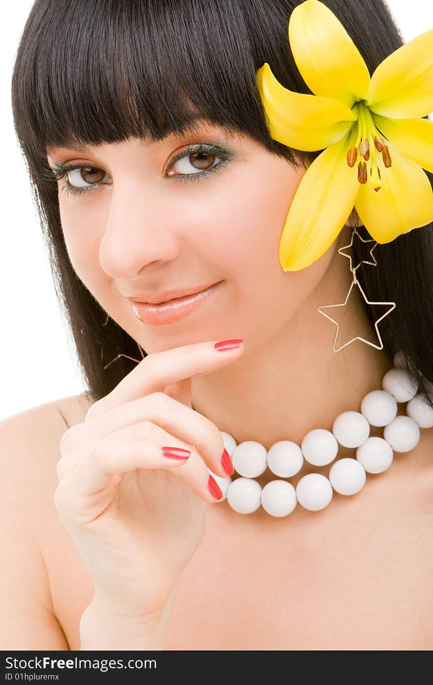 Young woman with lily flower on the white background