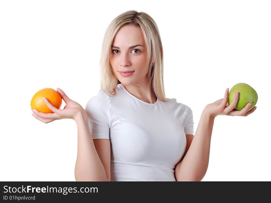 Woman With Green Apple And Orange