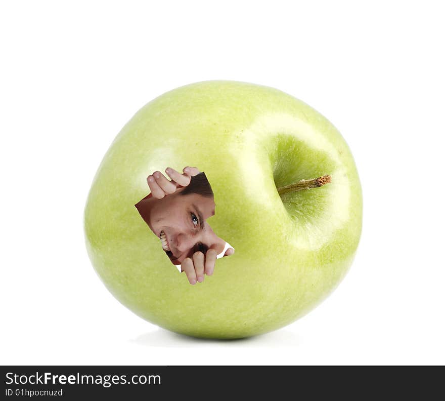 Fresh green apple with man inside at white background. Fresh green apple with man inside at white background