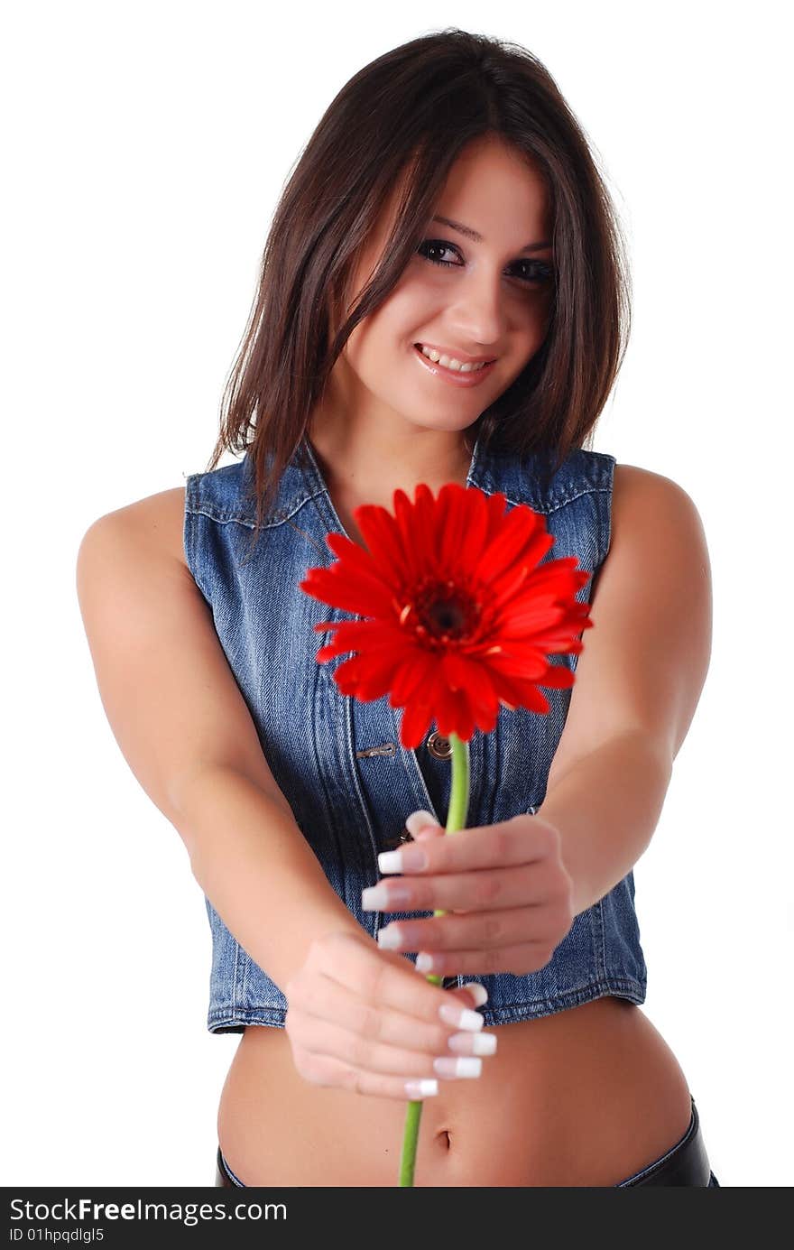 Portrait of a beautiful woman with red flower. Portrait of a beautiful woman with red flower