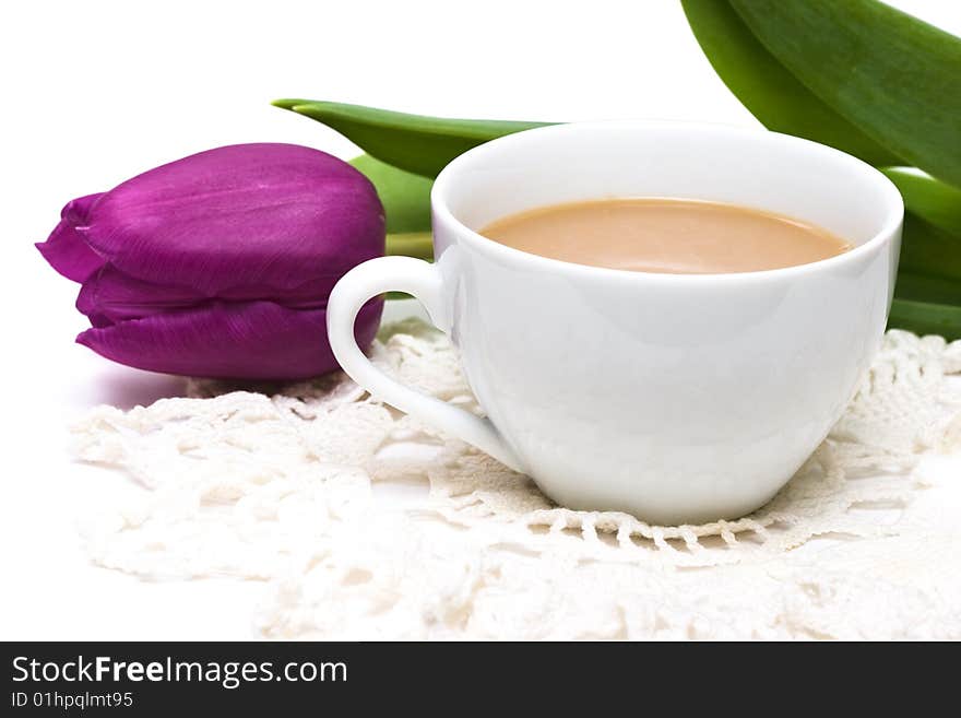 White cup of coffee with violet tulip