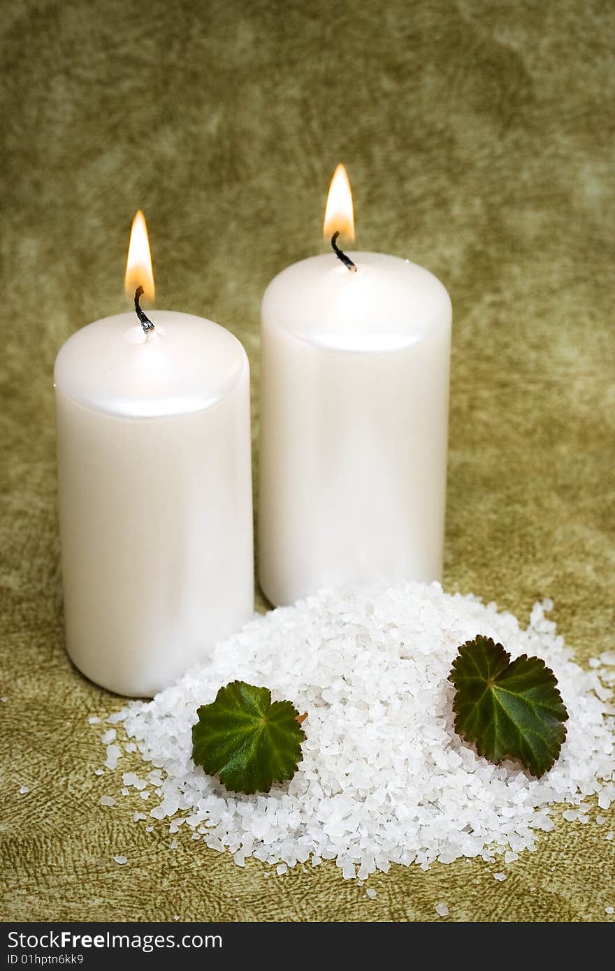 Spa essentials, bath salt and candles