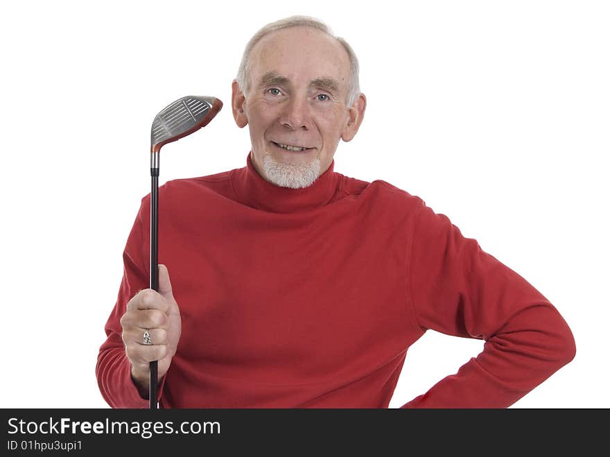 Studio shot on white of happy senior man with golf club. Studio shot on white of happy senior man with golf club