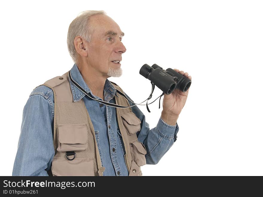 Senior man on white background with binoculars for birdwatching or field sport. Senior man on white background with binoculars for birdwatching or field sport