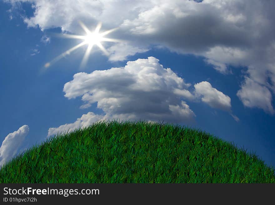 Fresh green grass on bright blue sunny sky background