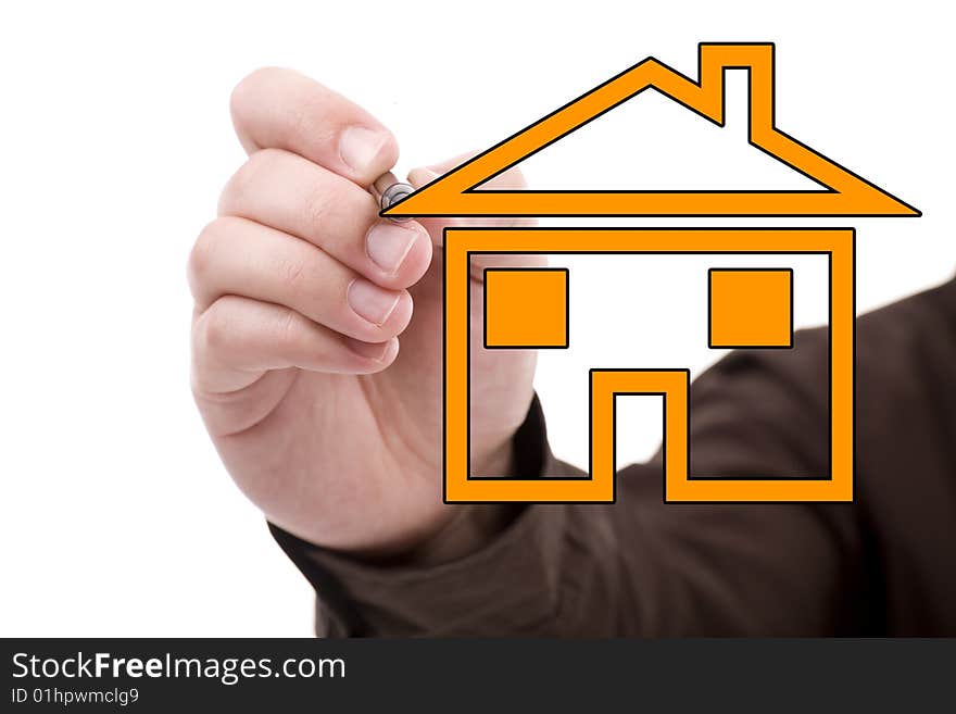 Man drawing a house isolated on a white background with space for text