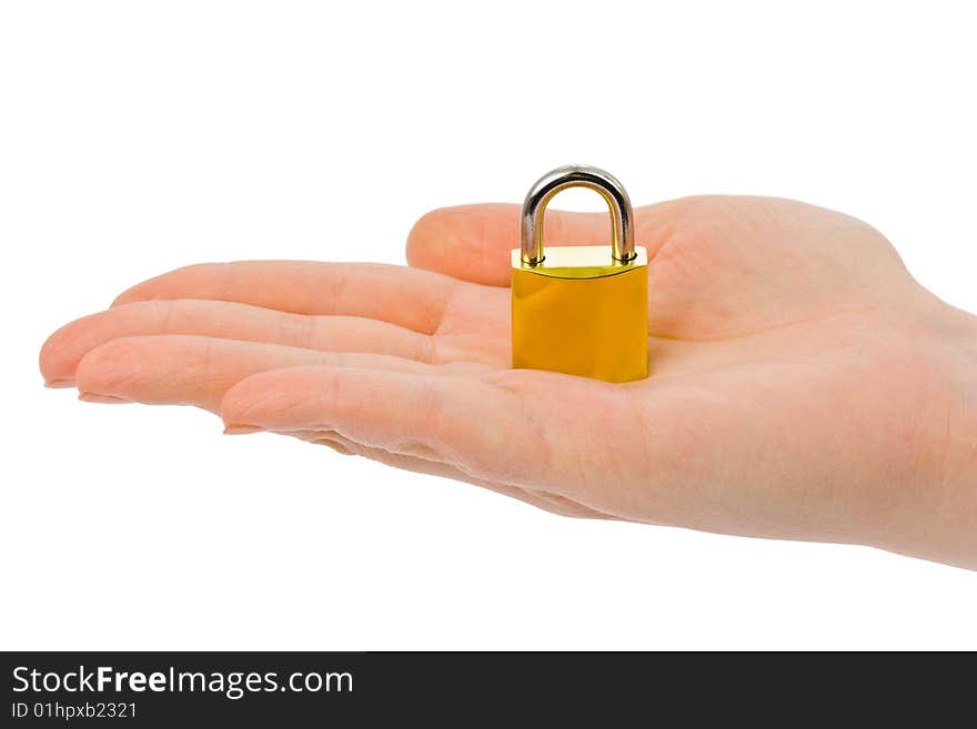 Hand and lock isolated on white background