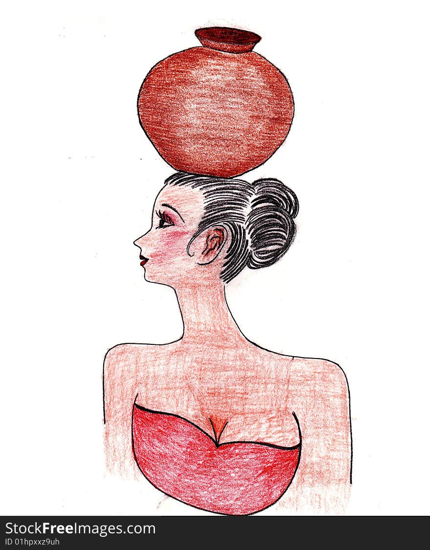 Woman illustration with a kind of earthenware on her head