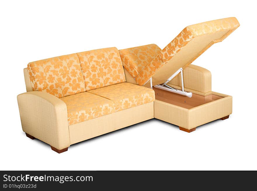 Yellow sofa with an open box