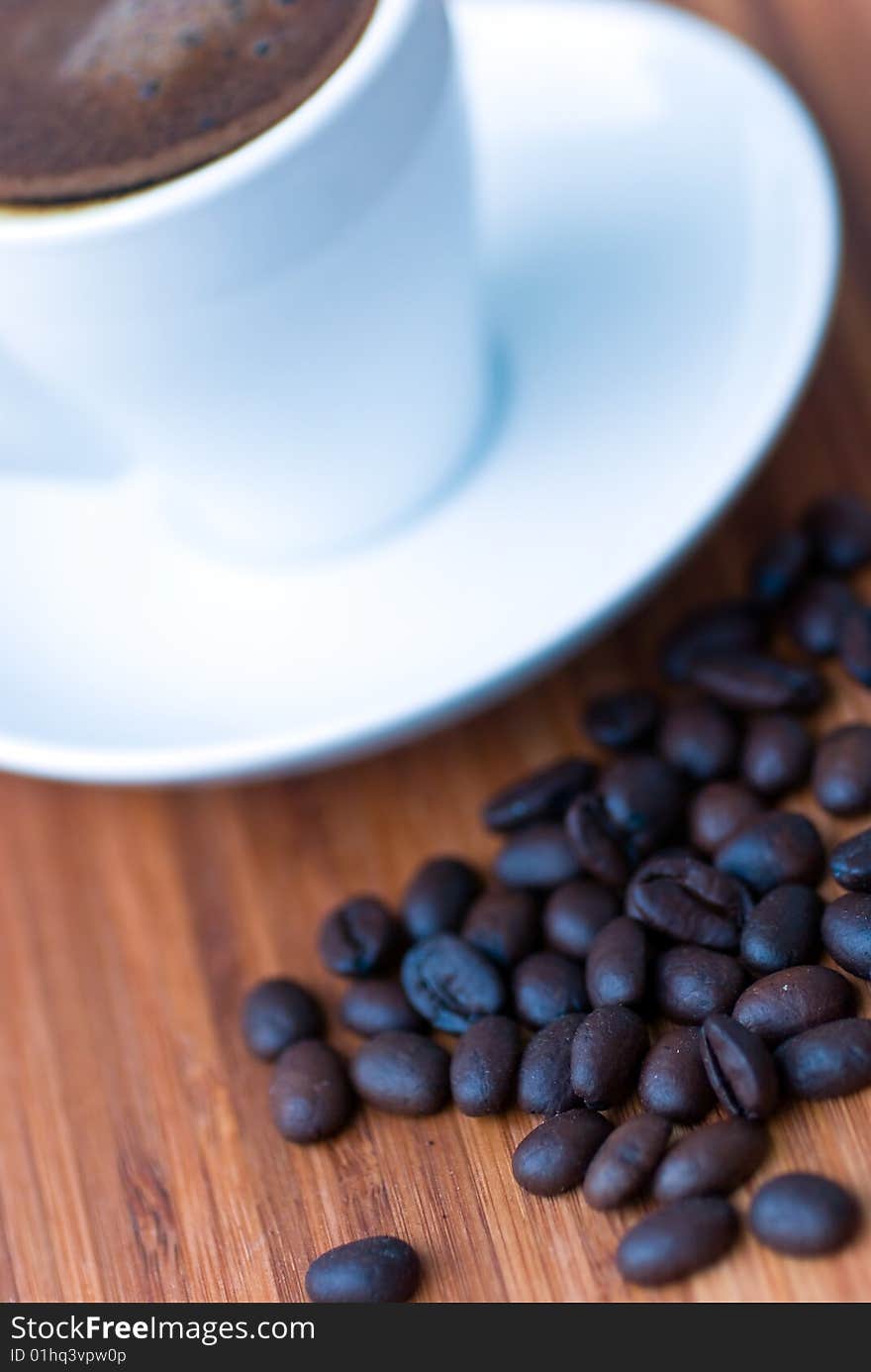 Coffee Beans On The Cutting Board. Close Up