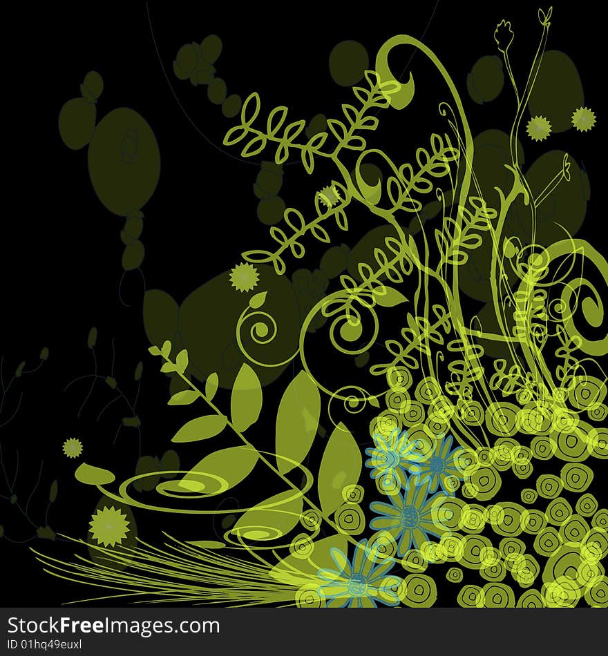 A floral design with layered transparent elements over a solid black background. A floral design with layered transparent elements over a solid black background.