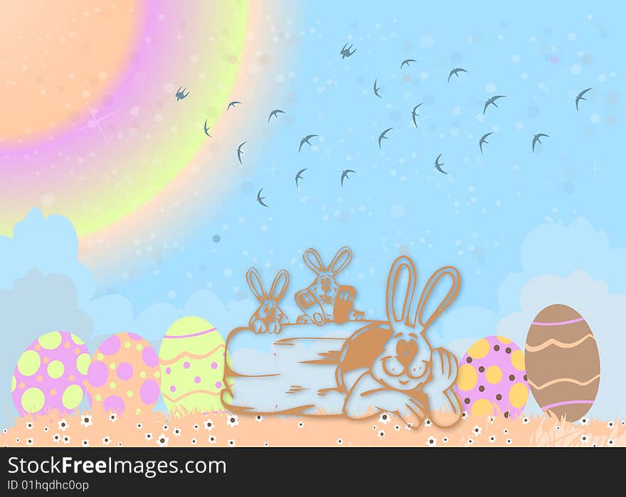 Easter illustration with bunnies and eggs in nature on colorful background. Easter illustration with bunnies and eggs in nature on colorful background