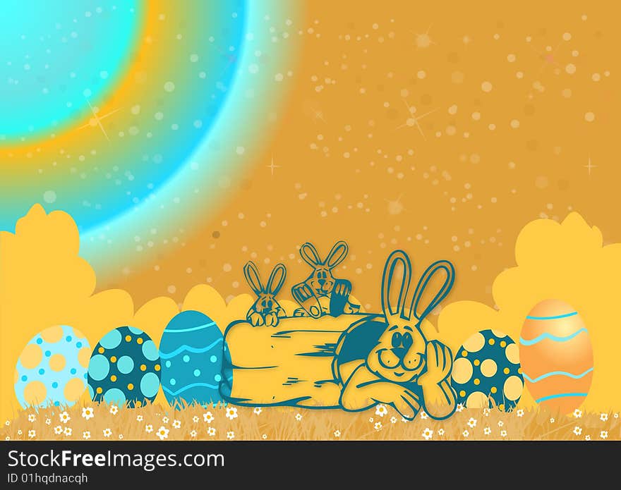 Easter illustration with bunnies and eggs in nature on colorful background. Easter illustration with bunnies and eggs in nature on colorful background