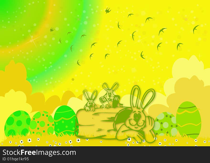 Easter illustration with bunnies and eggs in nature on colorful background. Easter illustration with bunnies and eggs in nature on colorful background