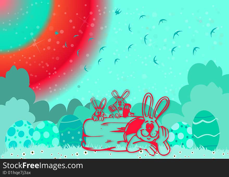 Easter illustration with bunnies and eggs in nature on colorful background. Easter illustration with bunnies and eggs in nature on colorful background