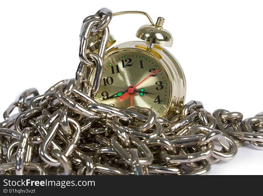 Clock with chain on white background